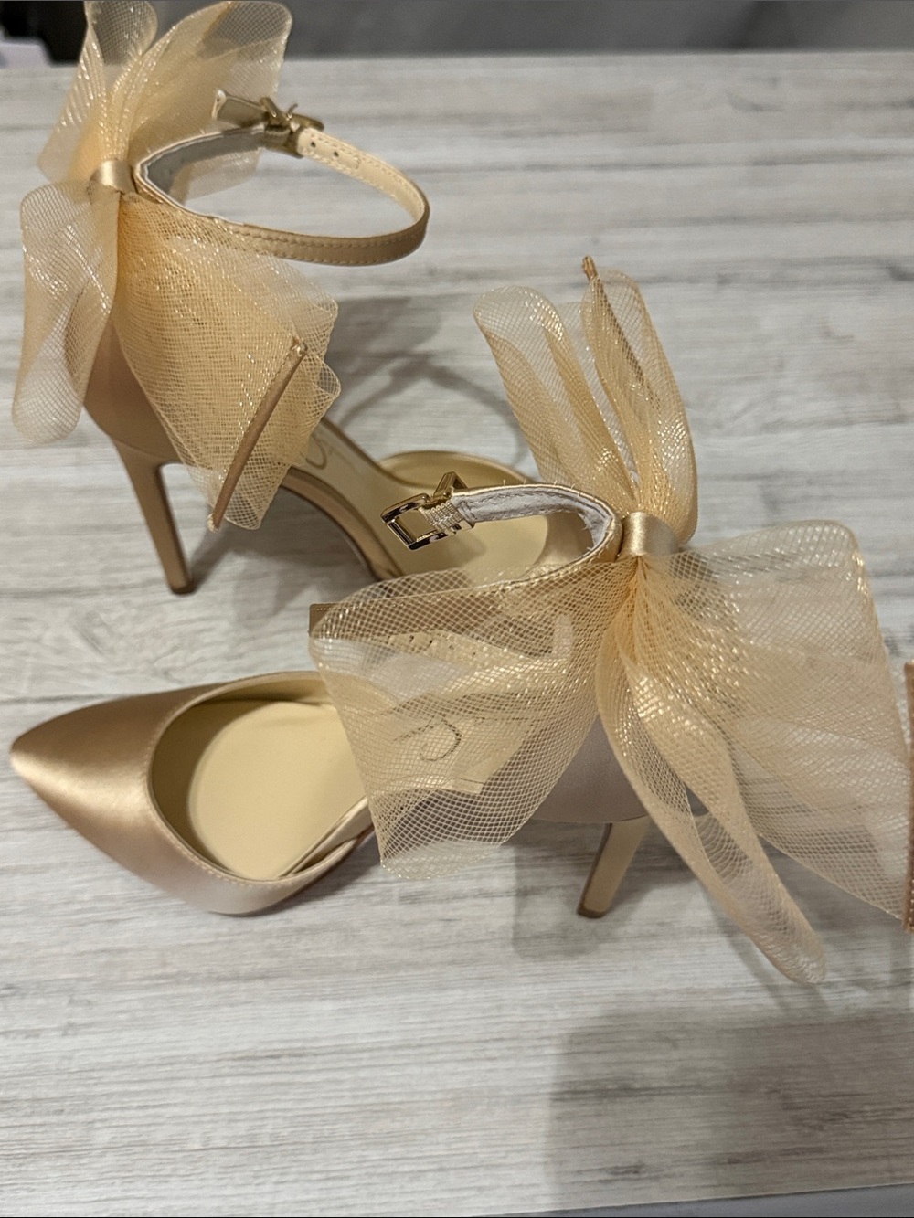 NWT Elegant Gold Satin Pointed-Toe Ankle-Strap Heels with Bow